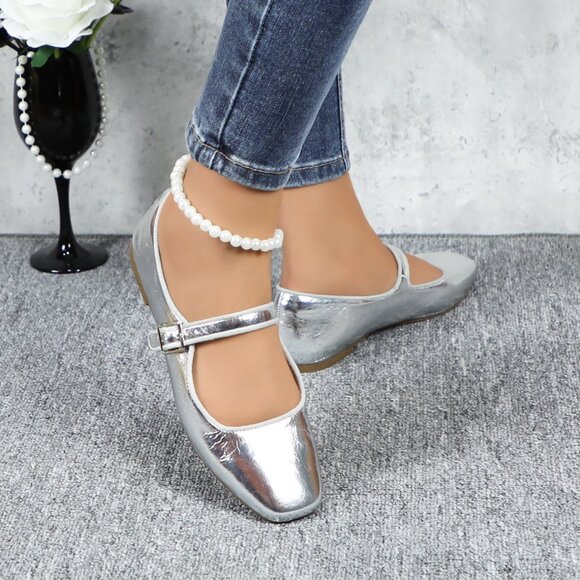Silver Cushioned Insole Classic Mary Jane Ballet Flat Adjustable Ankle Strap - Picture 4 of 11